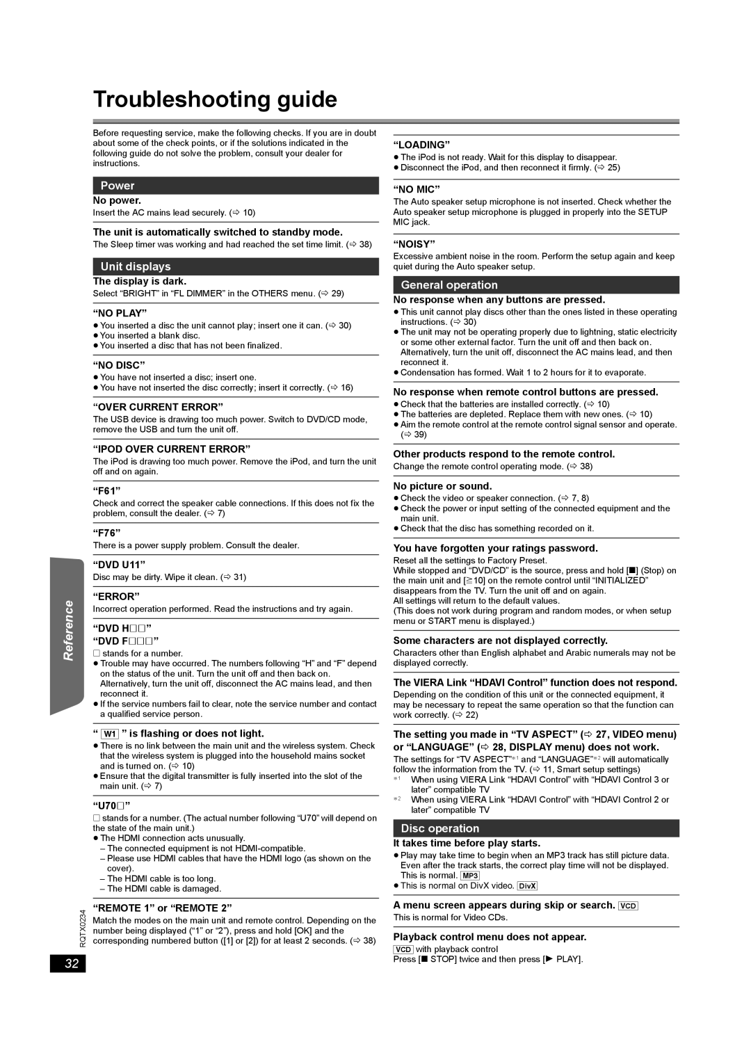 Panasonic SC-PT875 operating instructions Troubleshooting guide, Getting Playing Discs Other Operations Reference 