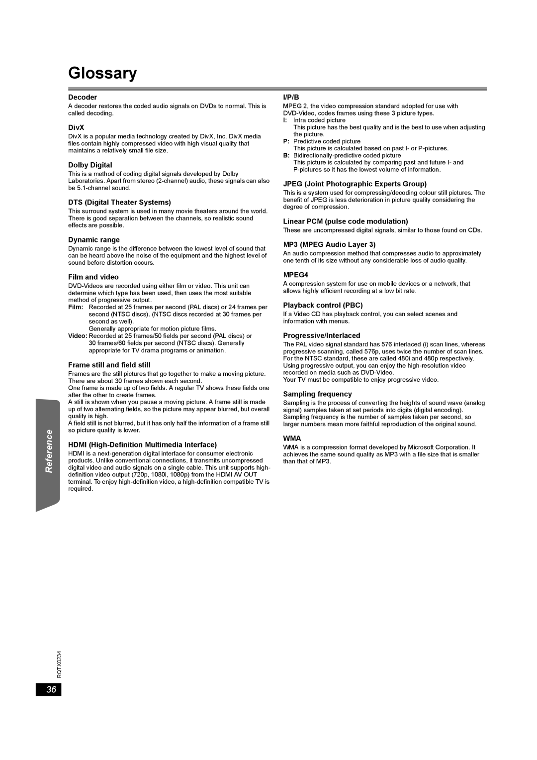 Panasonic SC-PT875 operating instructions Glossary, MPEG4, Wma 