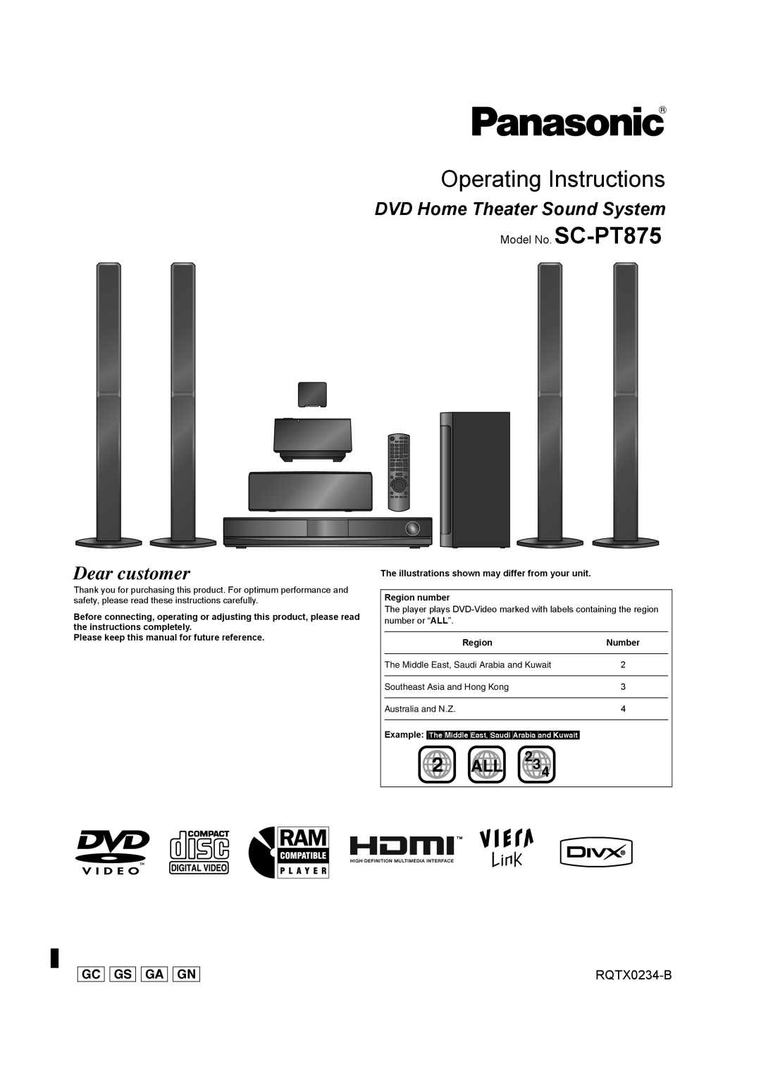 Panasonic operating instructions DVD Home Theater Sound System, RQTX0234-B, Model No. SC-PT875, Operating Instructions 
