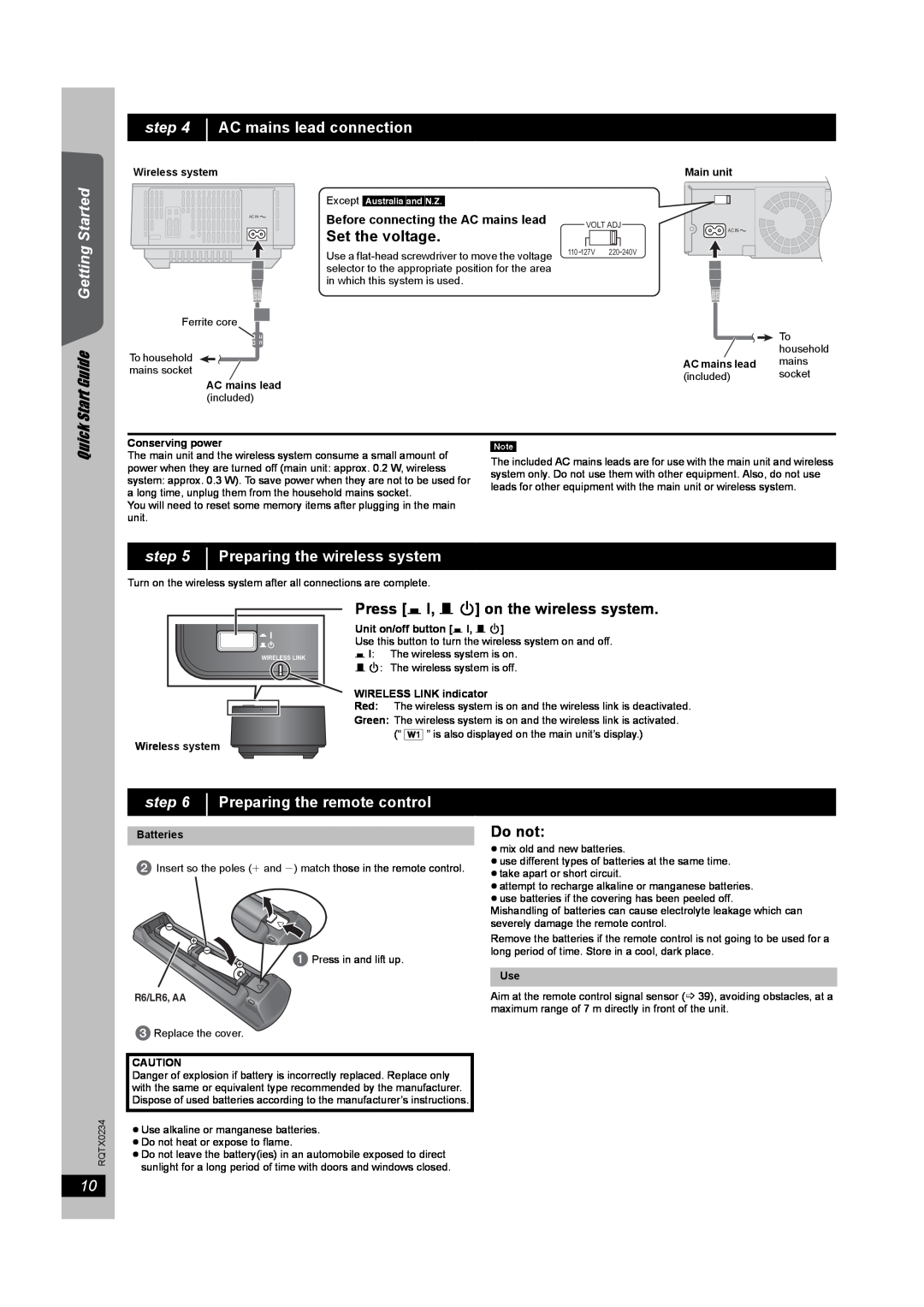 Panasonic SC-PT875 AC mains lead connection, Start Guide Getting Started, Set the voltage, Quick, Do not, step, R6/LR6, AA 