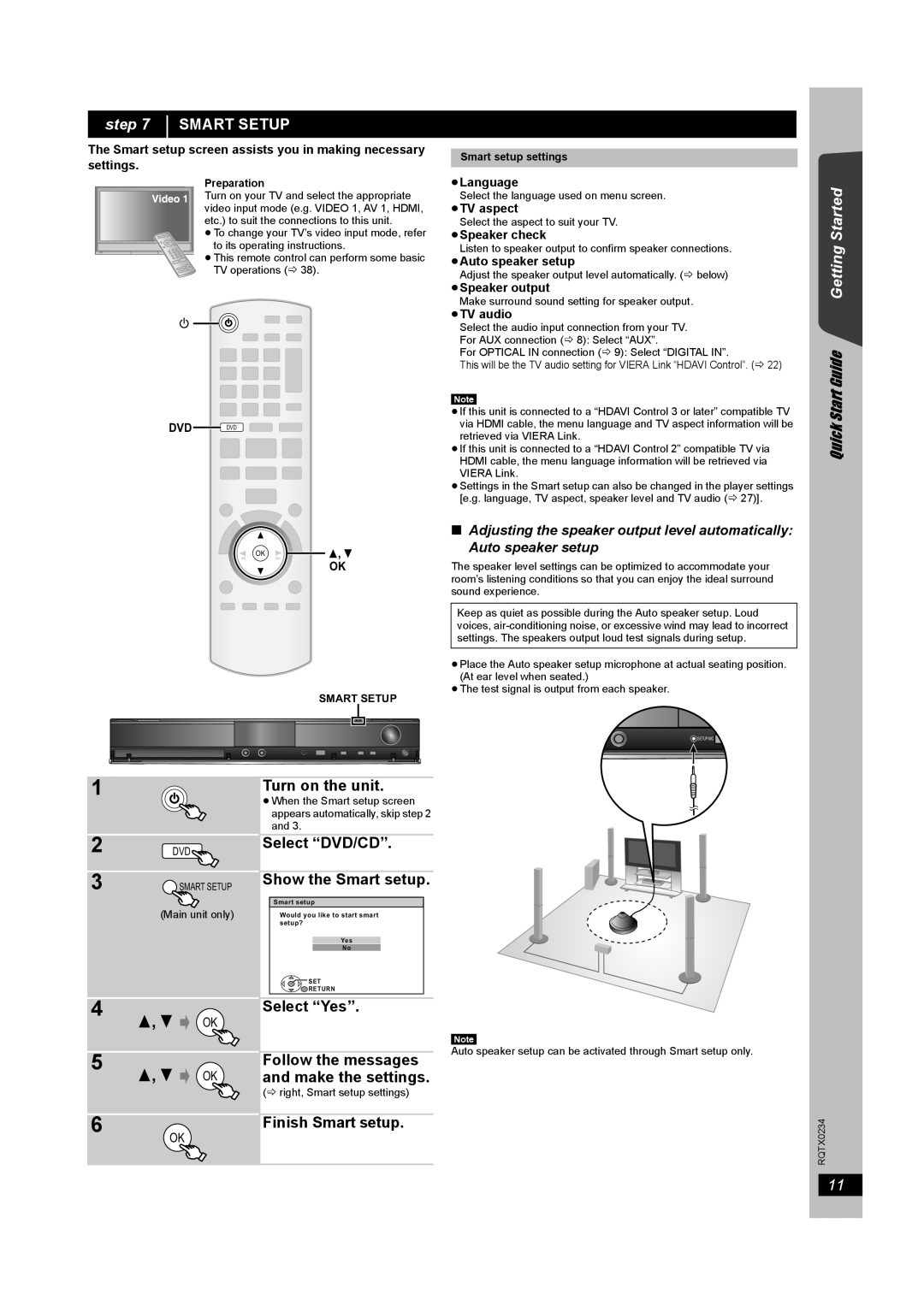 Panasonic SC-PT875 1 2 3, Smart Setup, Turn on the unit, Select “DVD/CD” Show the Smart setup, Select “Yes” 