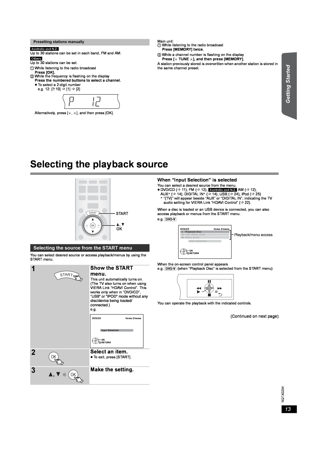 Panasonic SC-PT875 Selecting the playback source, Playing Discs, Operations, Other, Show the START menu, Select an item 
