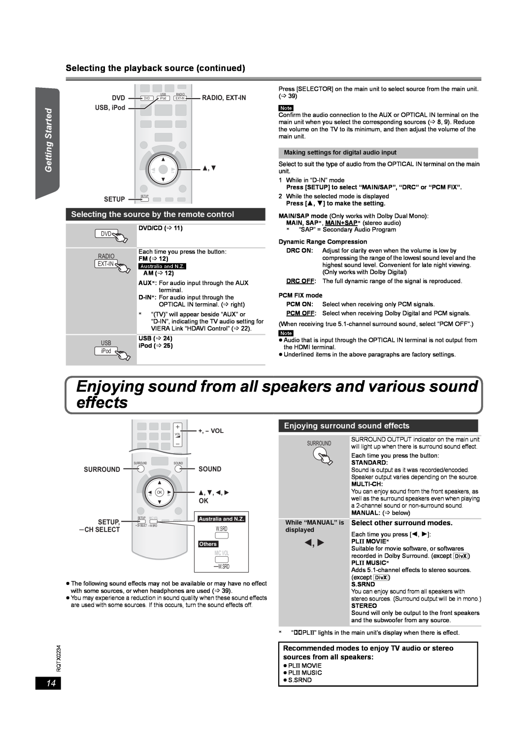 Panasonic SC-PT875 Selecting the playback source continued, Getting Started Playing Discs Other Operations, Reference 