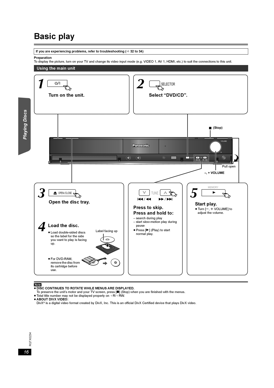 Panasonic SC-PT875 Basic play, Select “DVD/CD”, Other Reference, Open the disc tray, Press to skip, Press and hold to 