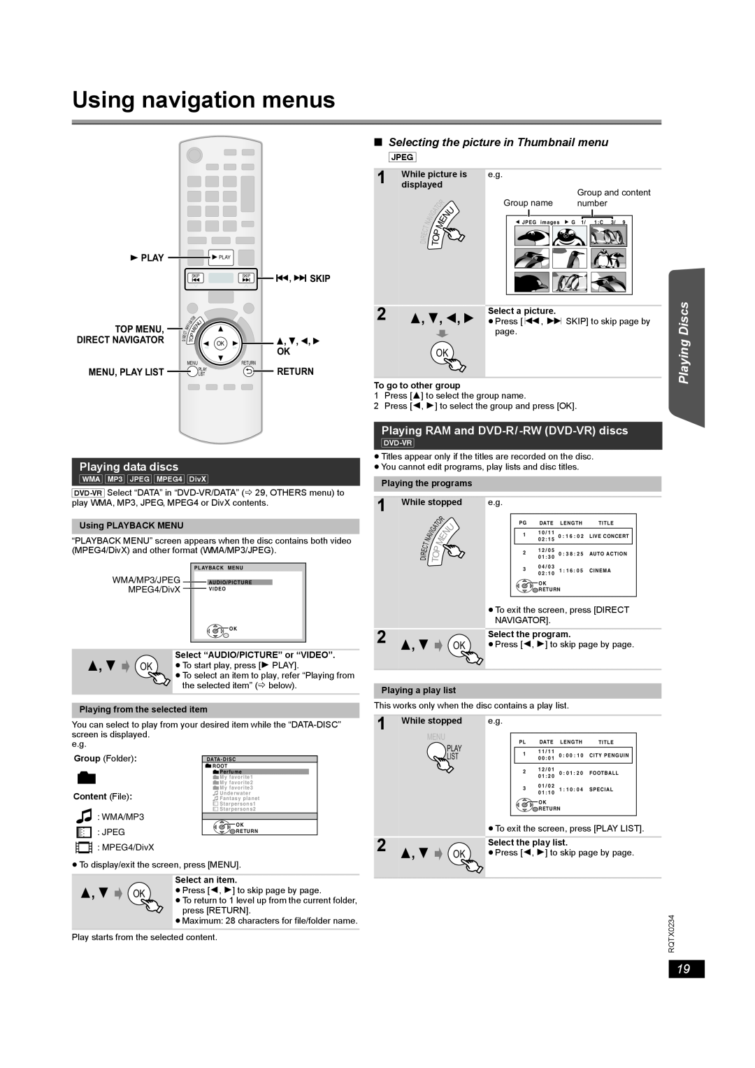 Panasonic SC-PT875 Using navigation menus, Selecting the picture in Thumbnail menu, Playing data discs, Reference, Skip 