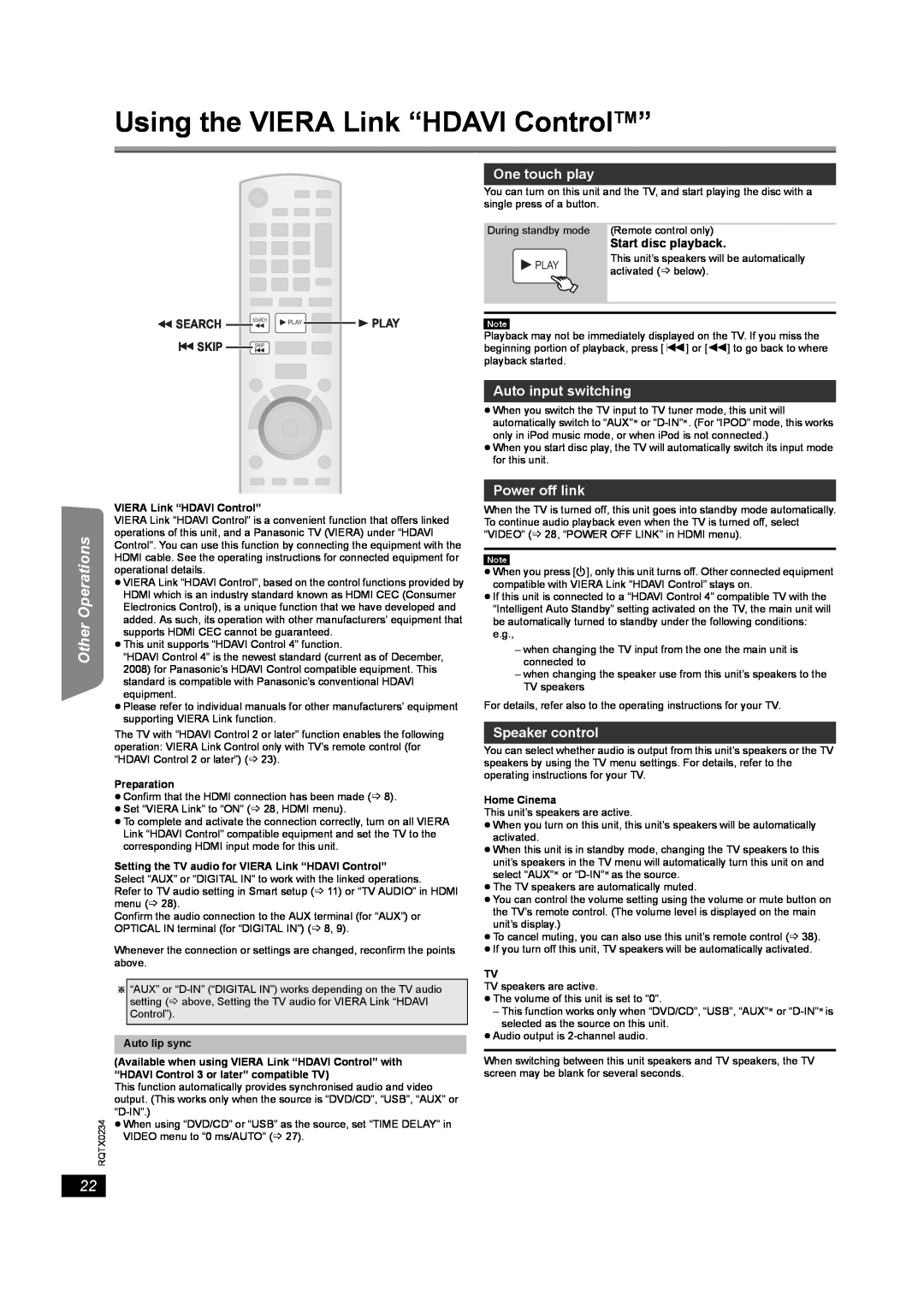 Panasonic SC-PT875 Using the VIERA Link “HDAVI ControlTM”, One touch play, Auto input switching, Power off link, Other 