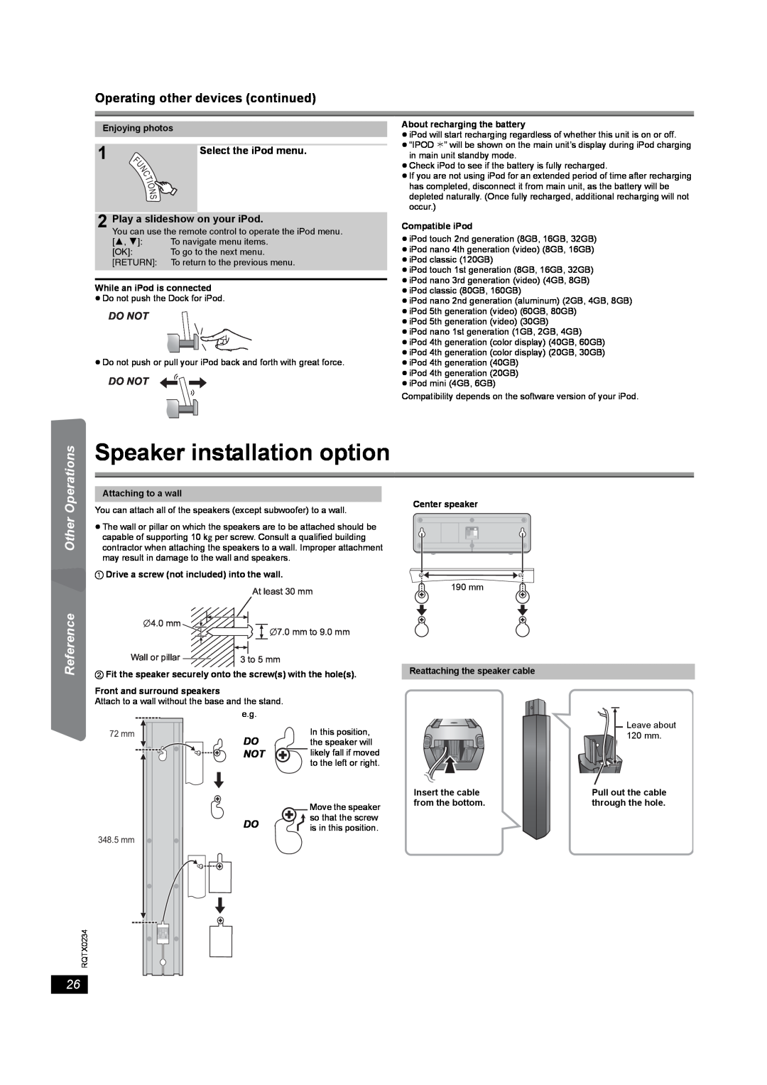Panasonic SC-PT875 Operating other devices continued, Speaker installation option, Playing, Operations, Other, Reference 