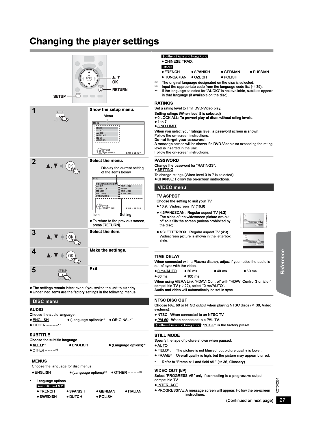 Panasonic SC-PT875 operating instructions Changing the player settings, Other Operations Reference, VIDEO menu, DISC menu 
