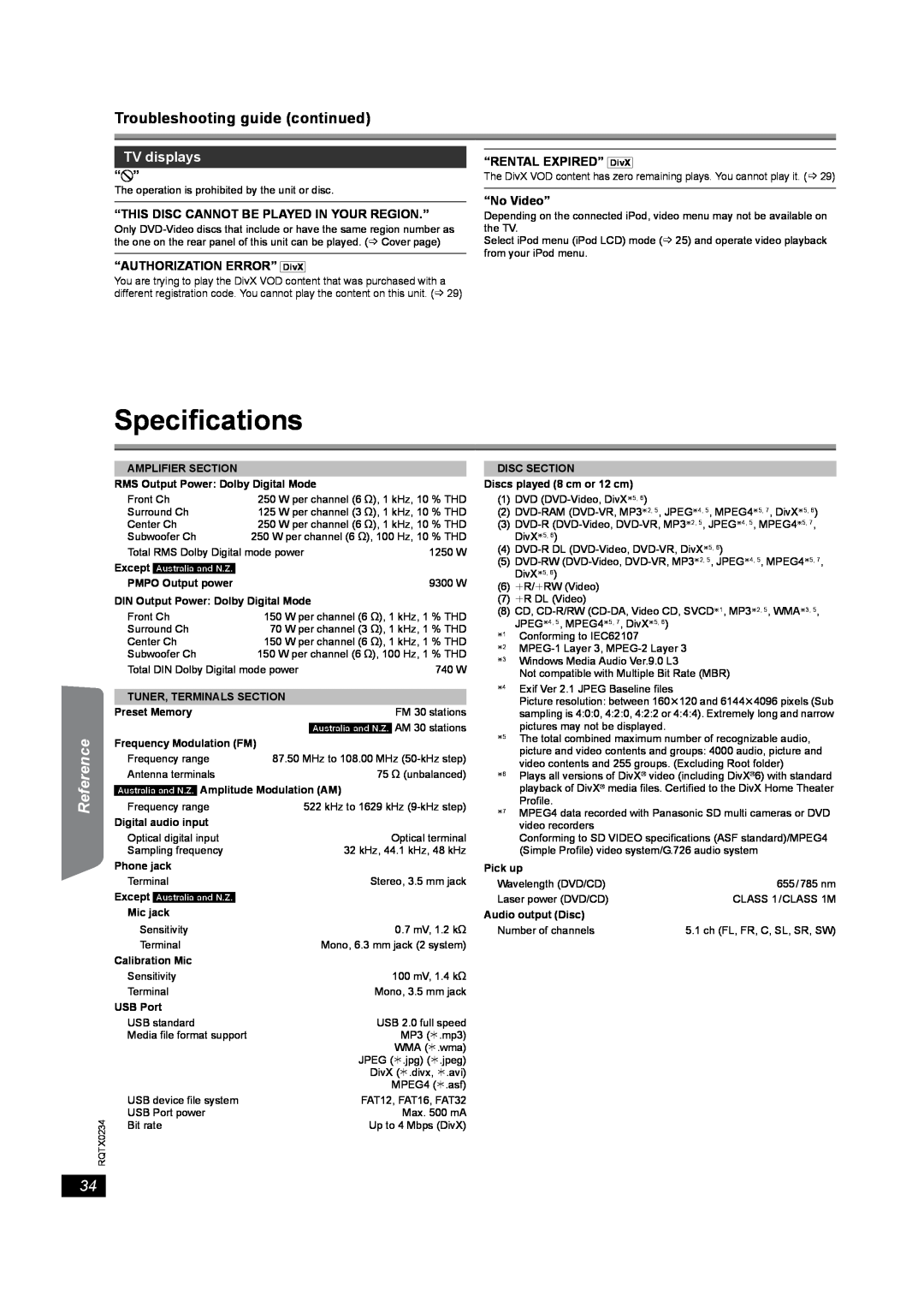 Panasonic SC-PT875 Specifications, Troubleshooting guide continued, TV displays, Getting Started, Playing Discs 