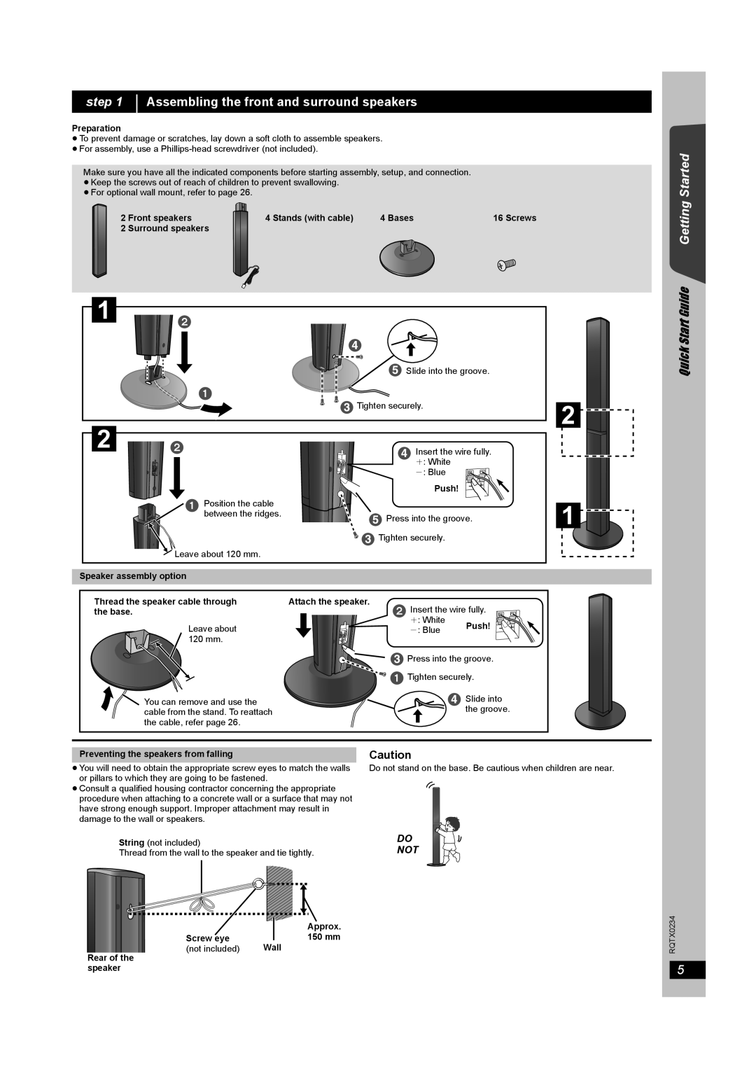 Panasonic SC-PT875 step, Assembling the front and surround speakers, Quick Start Guide Getting Started, Do Not 