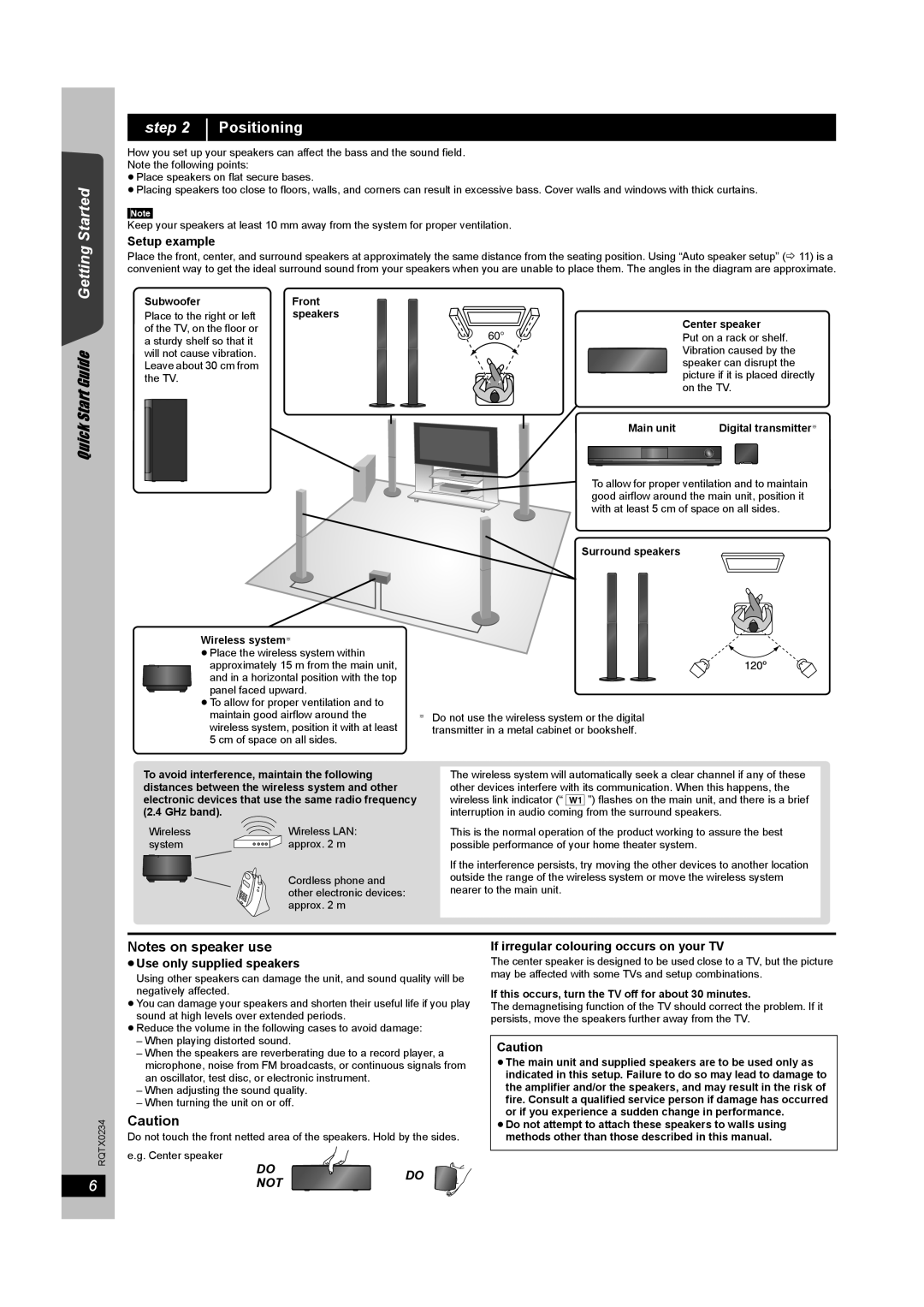 Panasonic SC-PT875 Getting Started, Positioning, Quick Start Guide, Notes on speaker use, Do Do Not, step 