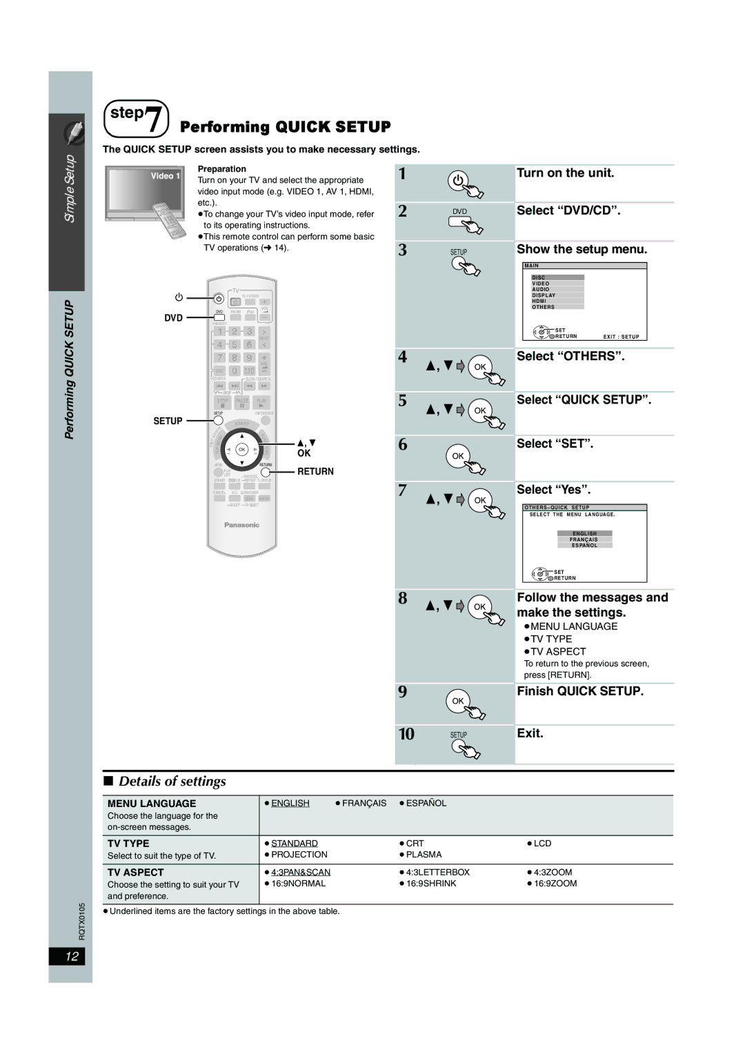 Panasonic SC-PT956 manual Performing Quick Setup, TV Type, TV Aspect 