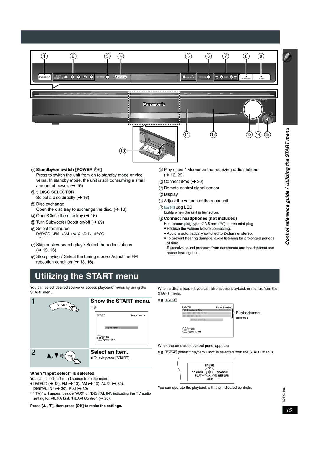 Panasonic SC-PT956 manual Select an item, Control reference guide / Utilizing the Start menu, Show the Start menu 