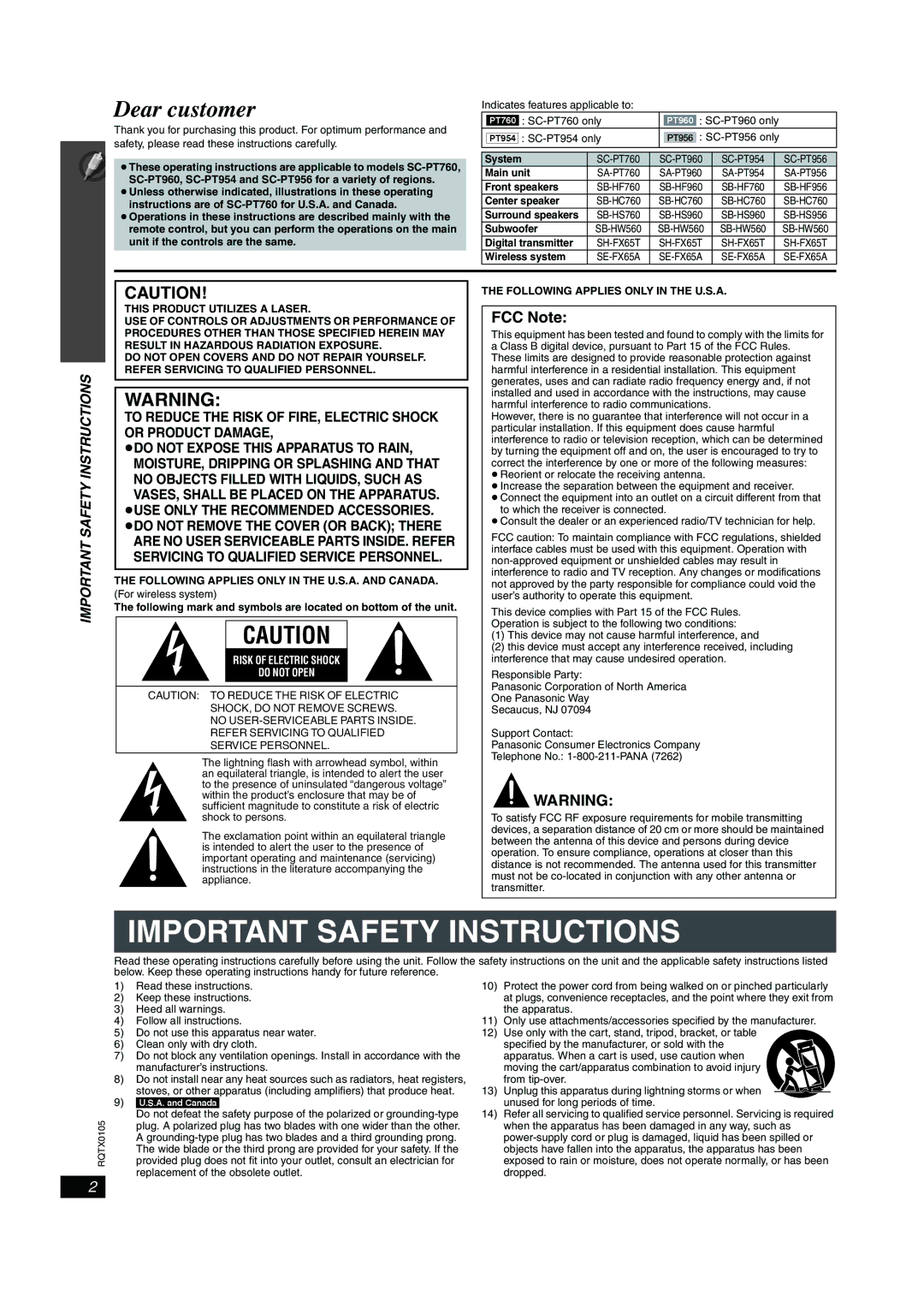 Panasonic SC-PT956 manual FCC Note, Following Applies only in the U.S.A. and Canada 