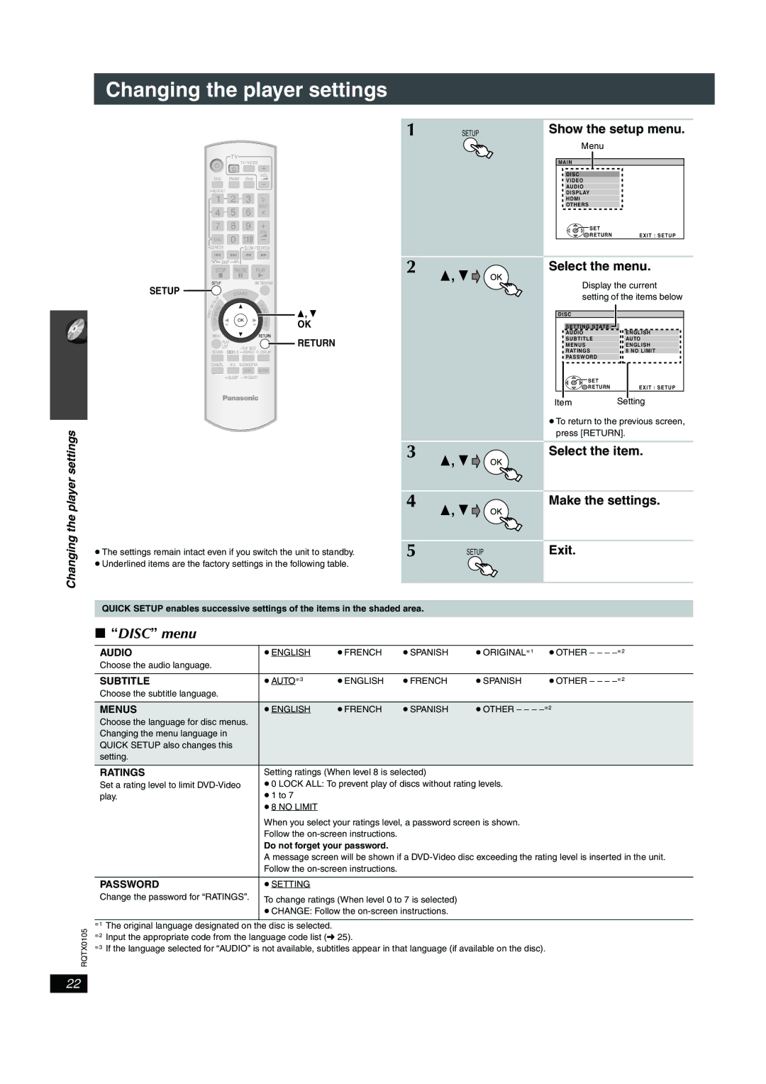 Panasonic SC-PT956 manual Changing the player settings, Disc menu, Show the setup menu, Select the menu 