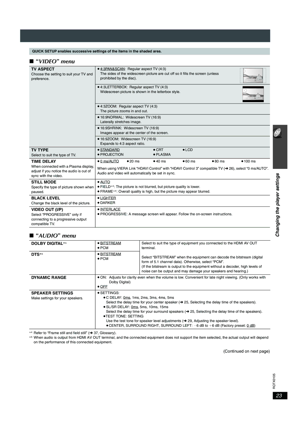 Panasonic SC-PT956 manual Video menu, Audio menu 