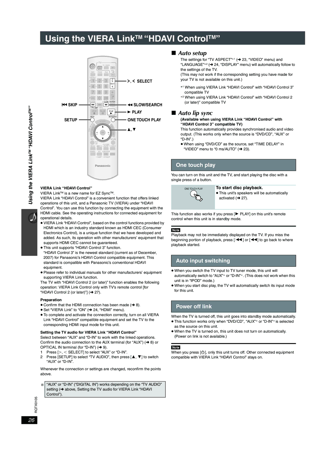 Panasonic SC-PT956 manual Using the Viera LinkTM Hdavi ControlTM, Auto setup, Auto lip sync 