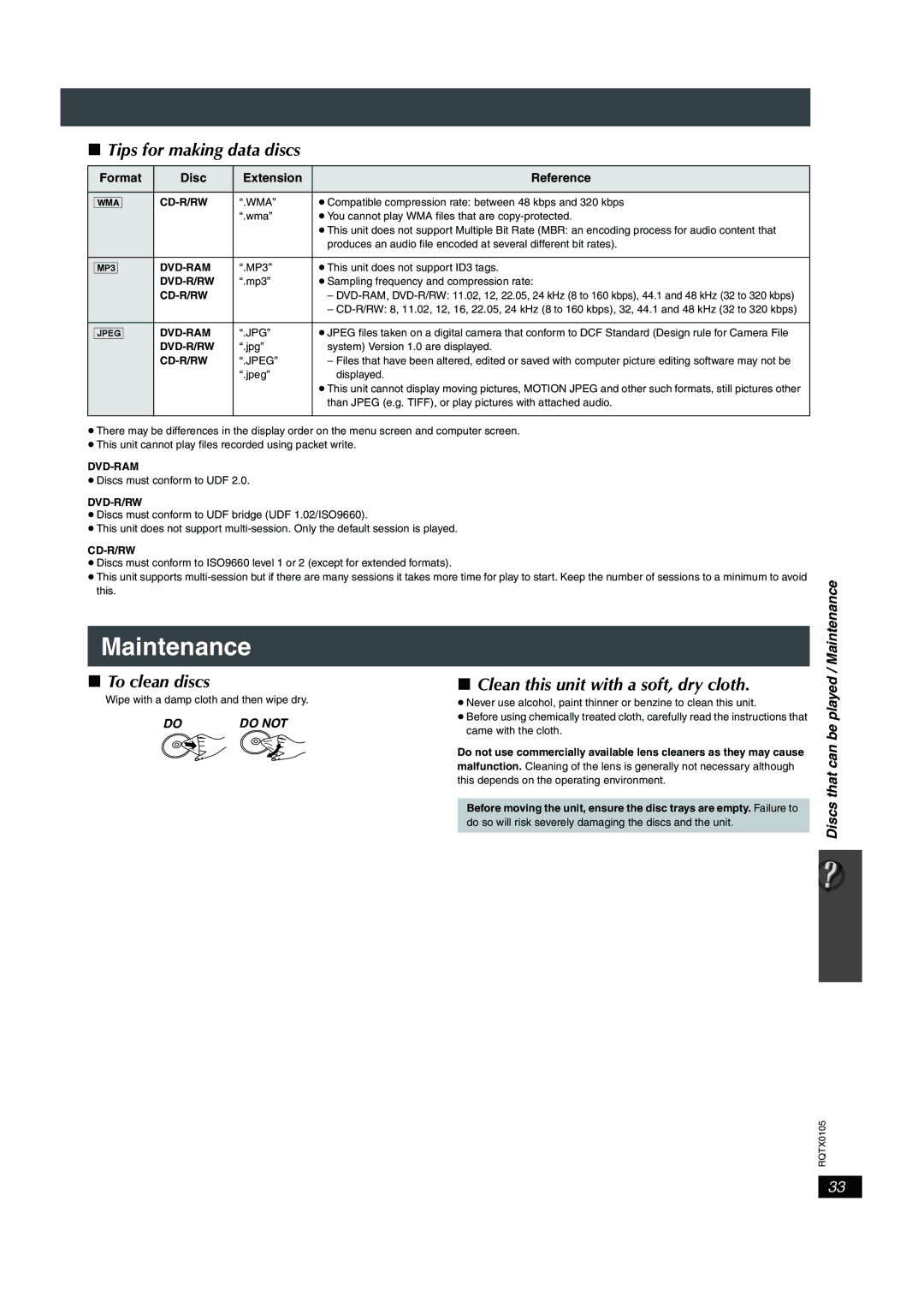 Panasonic SC-PT956 manual Maintenance, Tips for making data discs, To clean discs, Clean this unit with a soft, dry cloth 