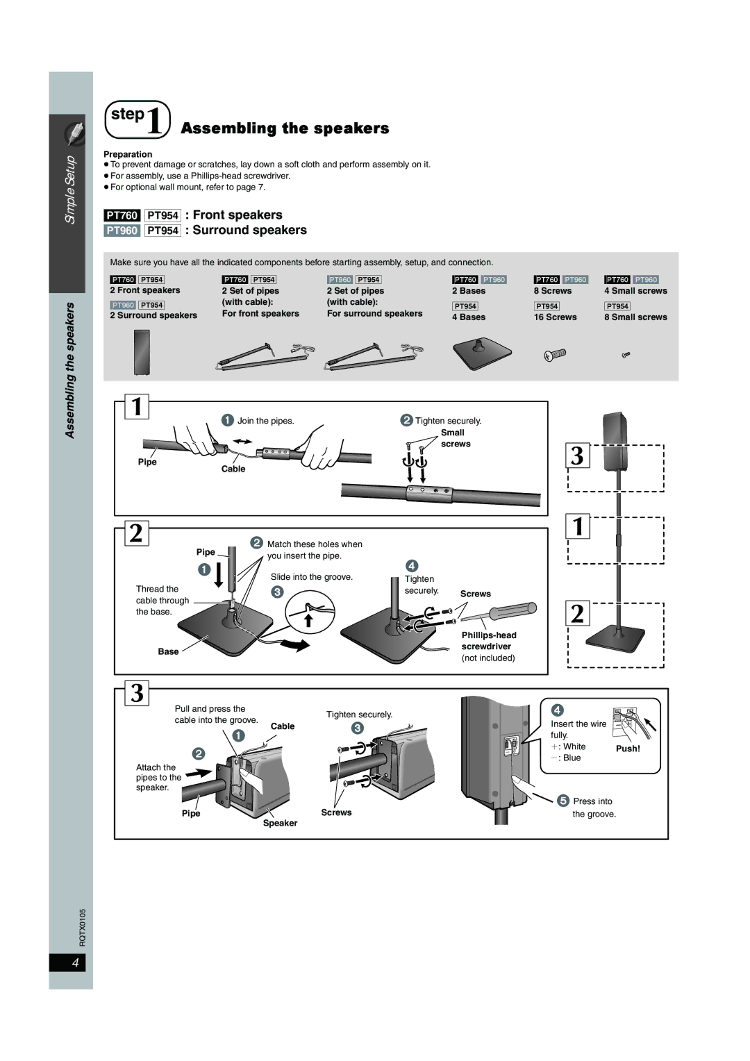 Panasonic SC-PT956 manual Assembling the speakers, Preparation, Base, Push, Speaker 