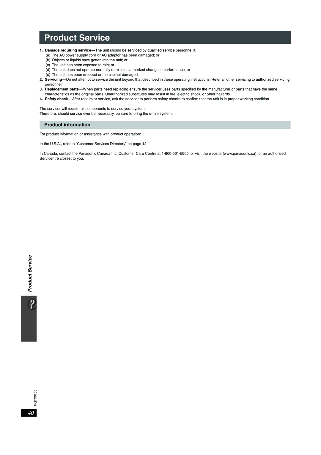 Panasonic SC-PT956 manual Product Service, Product information 