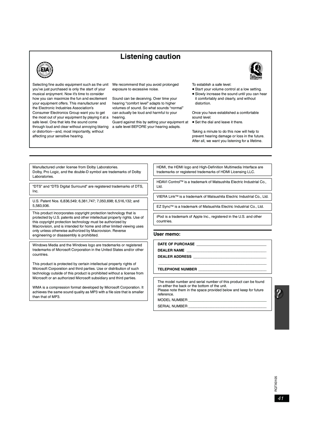 Panasonic SC-PT956 manual Listening caution, User memo 