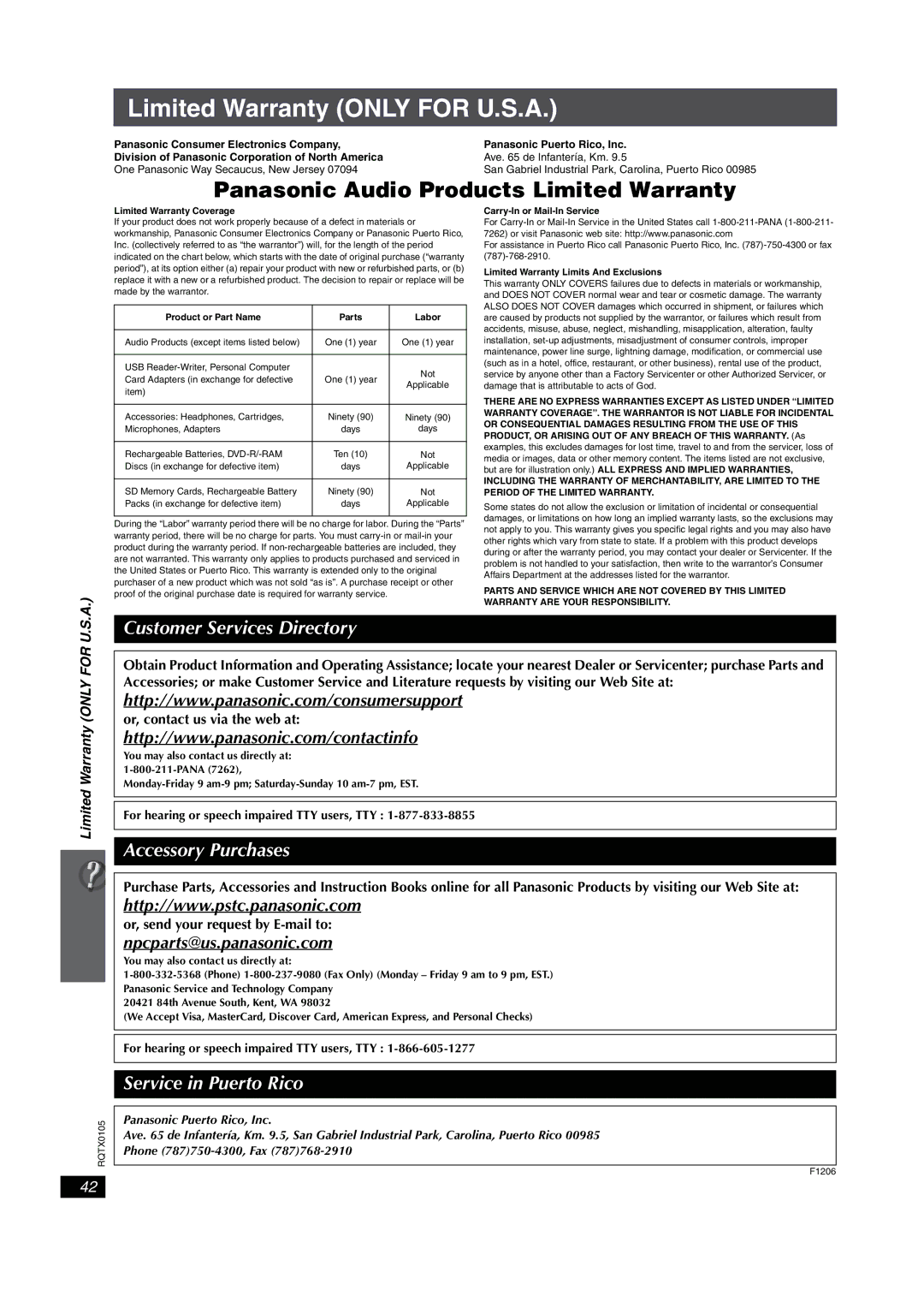 Panasonic SC-PT956 manual Limited Warranty only for U.S.A, Npcparts@us.panasonic.com 