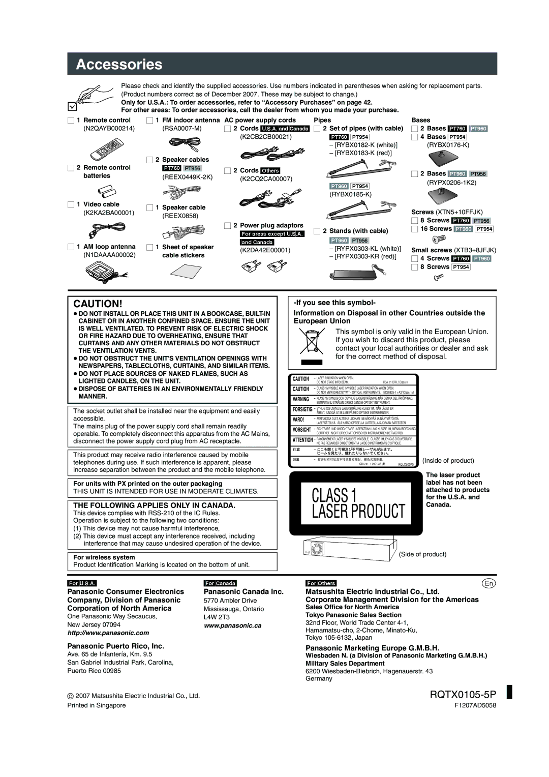 Panasonic SC-PT956 manual Accessories, Following Applies only in Canada, Corporate Management Division for the Americas 