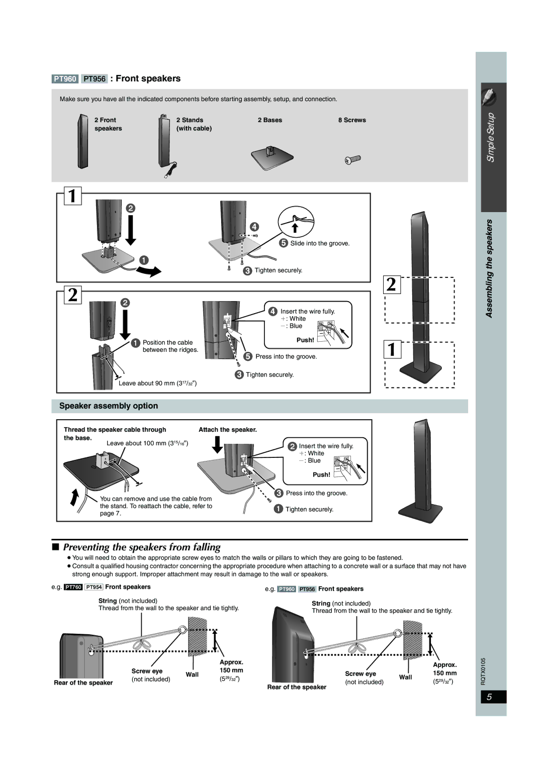 Panasonic SC-PT956 manual Preventing the speakers from falling, PT960 PT956 Front speakers, Speaker assembly option, Approx 