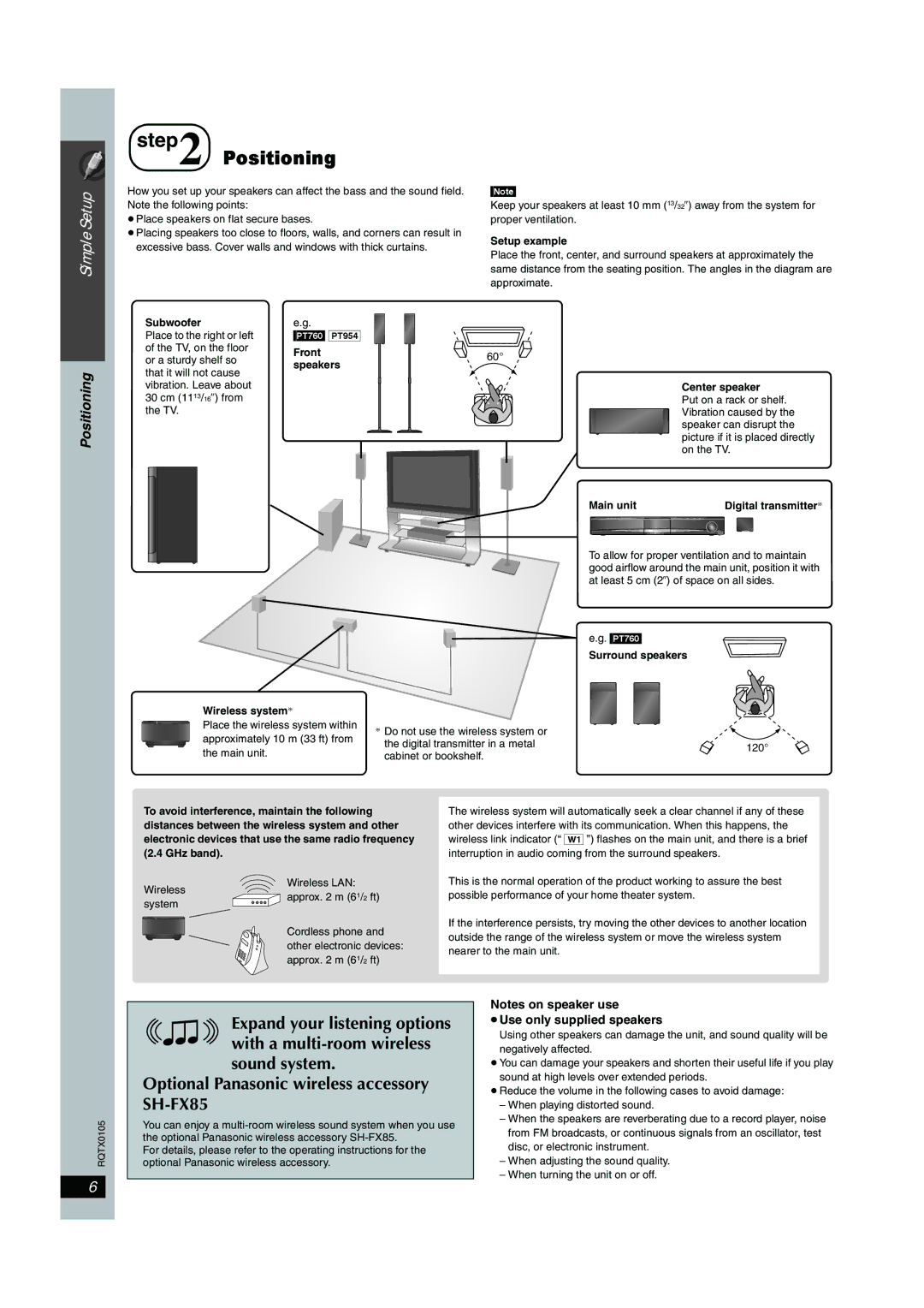 Panasonic SC-PT956 manual Positioning, ≥Use only supplied speakers 