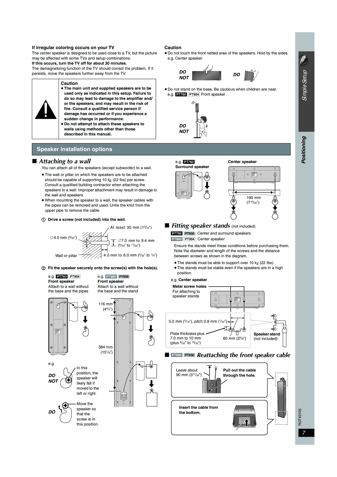 Panasonic SC-PT956 manual Attaching to a wall, Fitting speaker stands not included, Speaker installation options 