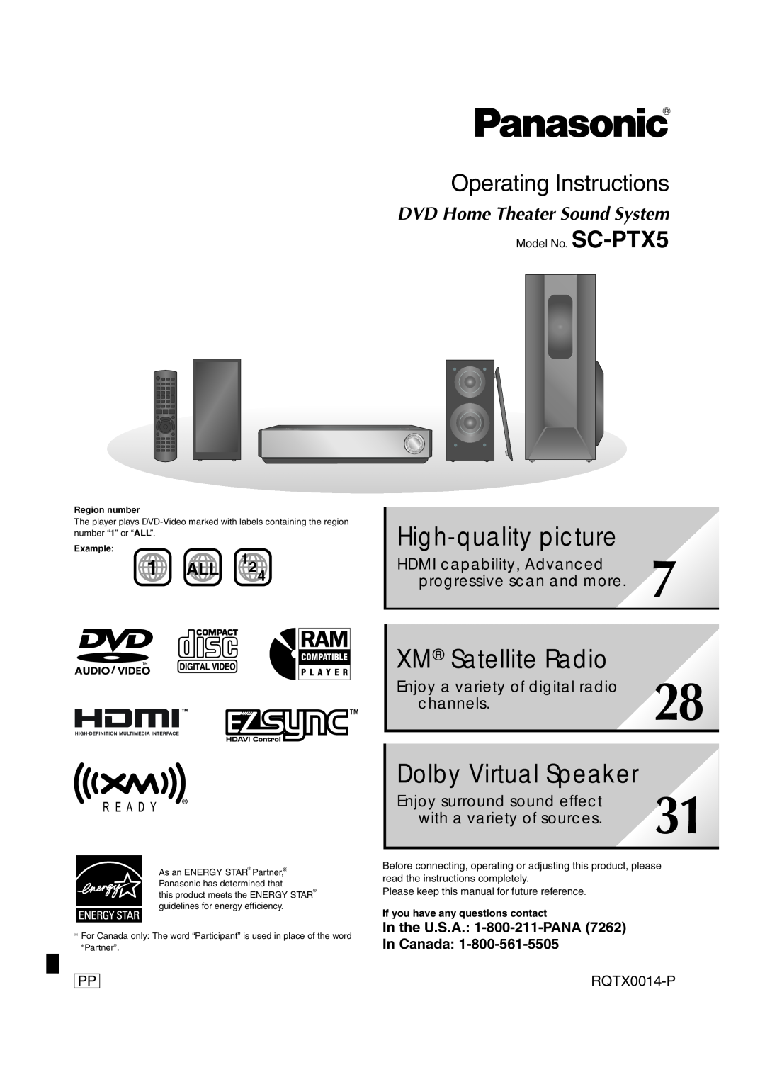 Panasonic SC-PTX5 manual High-qualitypicture, XM Satellite Radio, Dolby Virtual Speaker, Operating Instructions, 1 ALL 