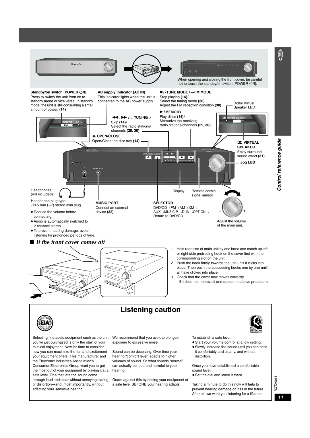 Panasonic SC-PTX5 manual Listening caution, If the front cover comes off, Control reference guide 