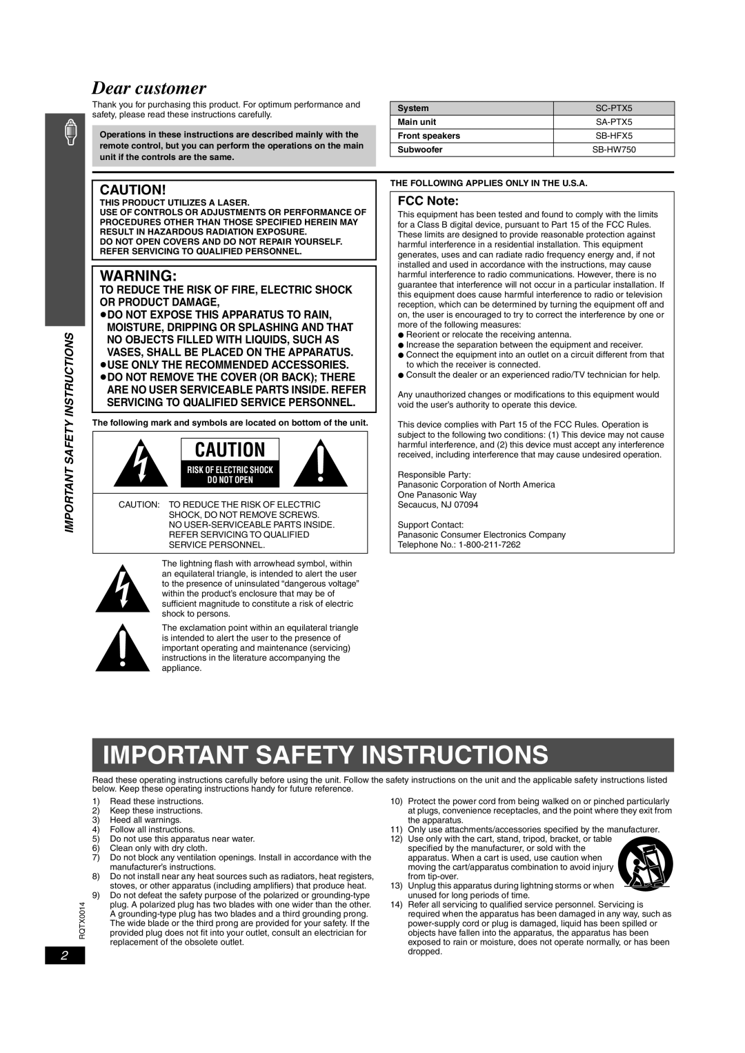 Panasonic SC-PTX5 manual FCC Note, Important Safety Instructions, ≥Do Not Expose This Apparatus To Rain 