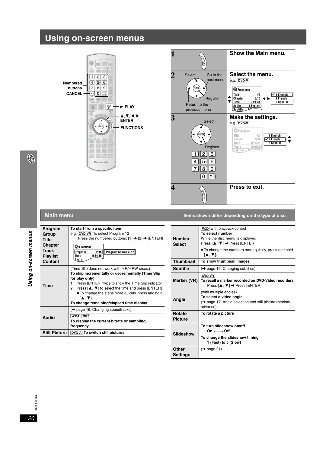 Panasonic SC-PTX5 manual Using on-screenmenus, Show the Main menu, Select the menu, Make the settings, Press to exit 