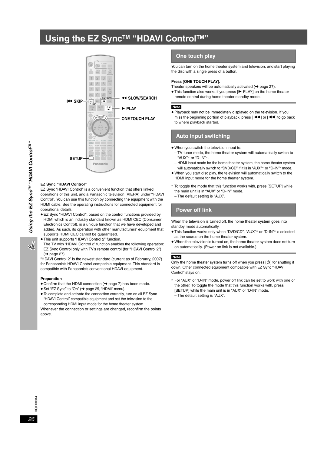 Panasonic SC-PTX5 manual Using the EZ SyncTM “HDAVI ControlTM”, One touch play, Auto input switching, Power off link, Setup 