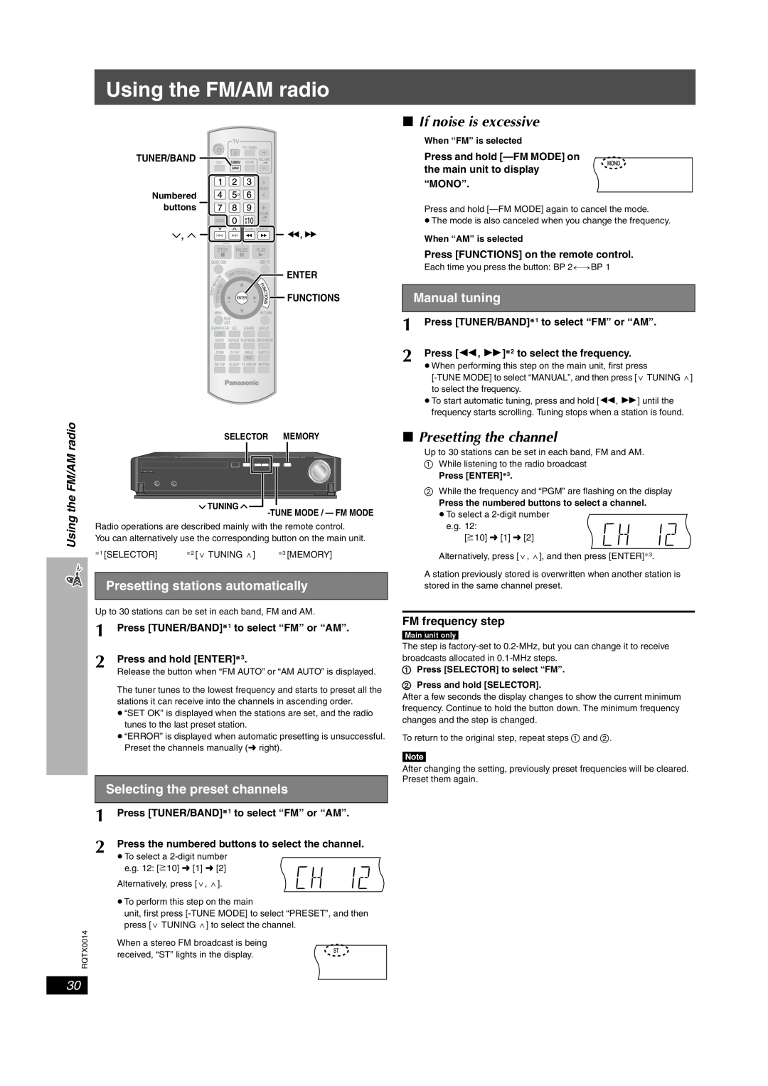 Panasonic SC-PTX5 Using the FM/AM radio, If noise is excessive, Manual tuning, Presetting stations automatically, “Mono” 