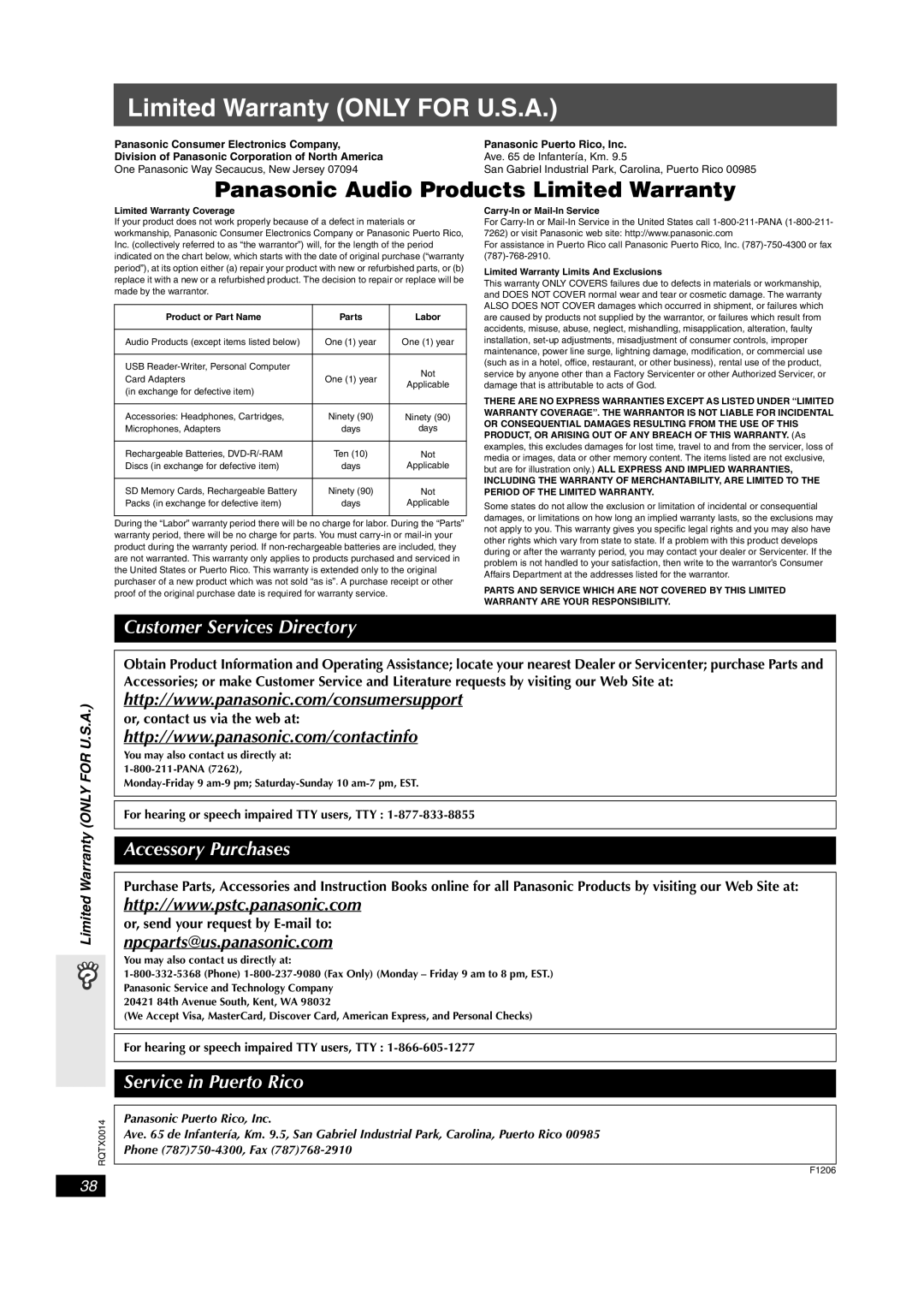 Panasonic SC-PTX5 Limited Warranty ONLY FOR U.S.A, Panasonic Audio Products Limited Warranty, Customer Services Directory 