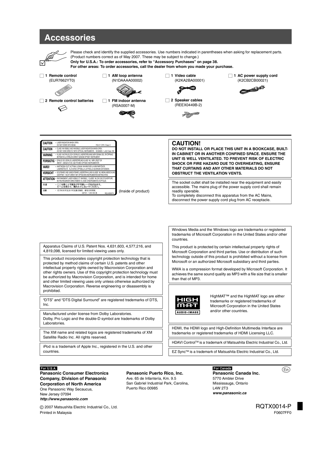Panasonic SC-PTX5 manual Accessories, RQTX0014-P, Panasonic Consumer Electronics, Panasonic Puerto Rico, Inc, For\U.S.A 