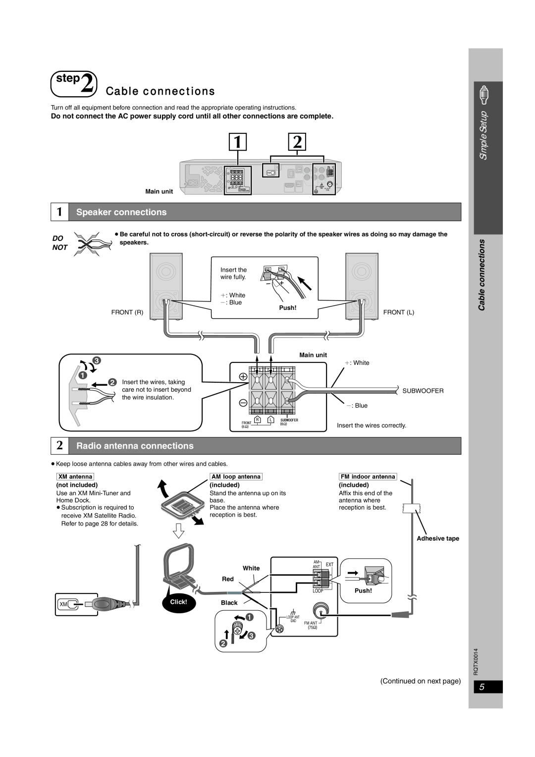 Panasonic SC-PTX5 manual Cable connections, Speaker connections, Radio antenna connections, Simple Setup, XM\antenna 