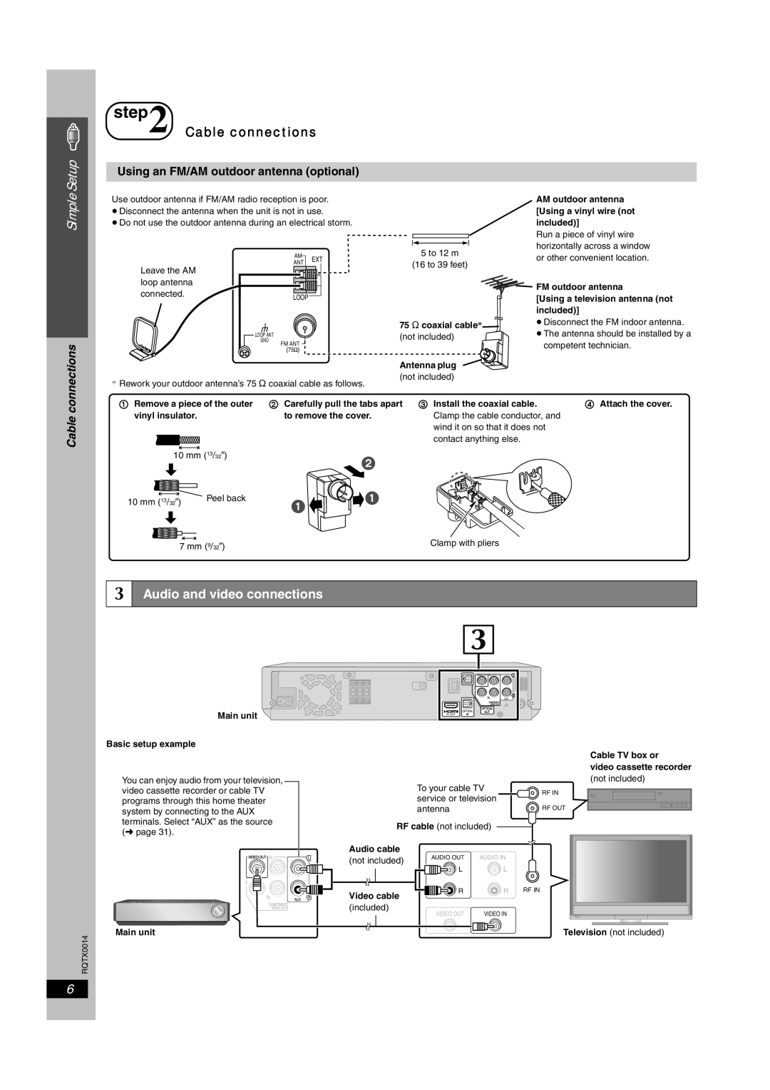 Panasonic SC-PTX5 manual Setup, Audio and video connections, Using an FM/AM outdoor antenna optional, Simple 