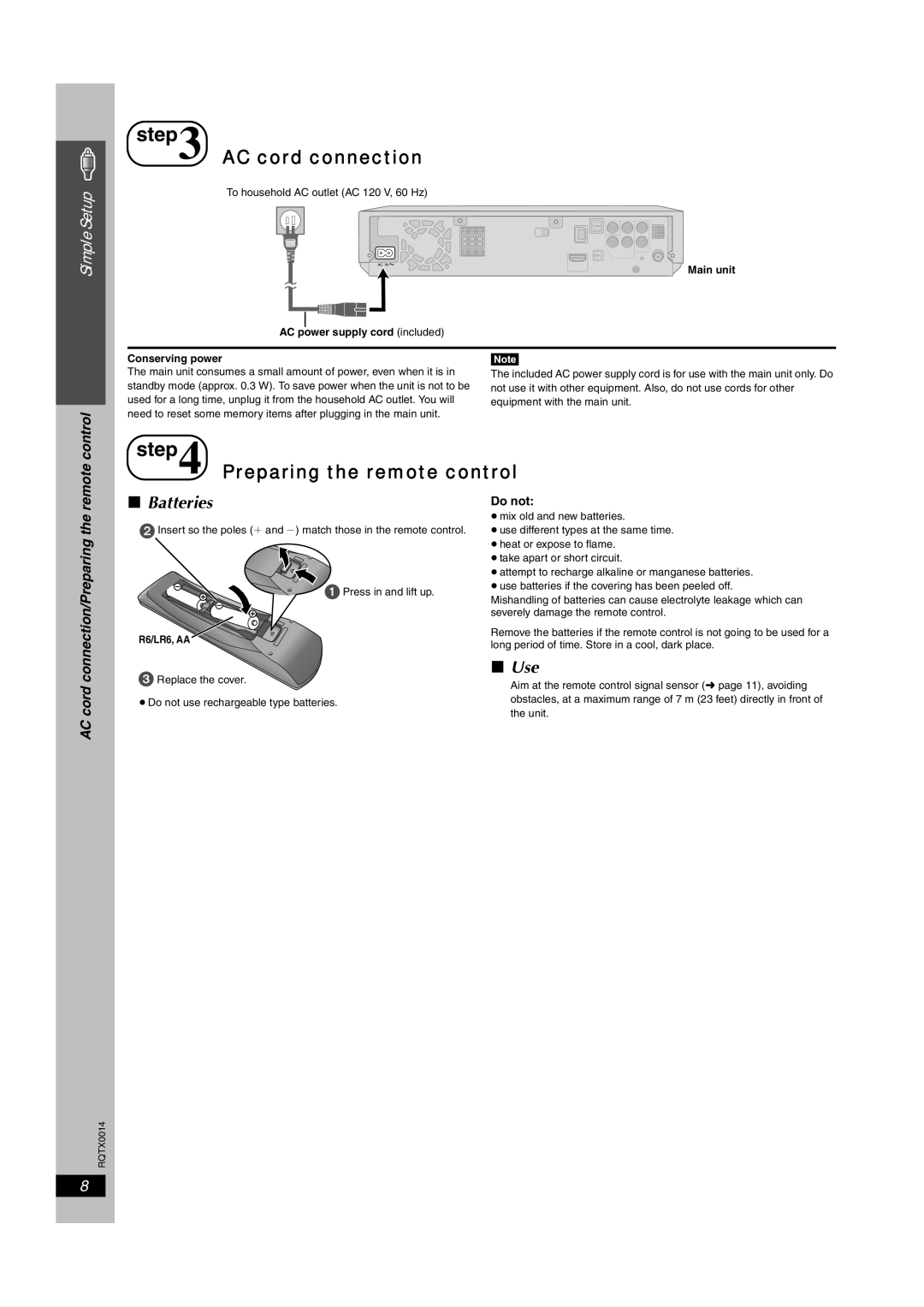 Panasonic SC-PTX5 AC cord connection, Preparing the remote control, Batteries, Use, Simple Setup, connection/Preparing the 