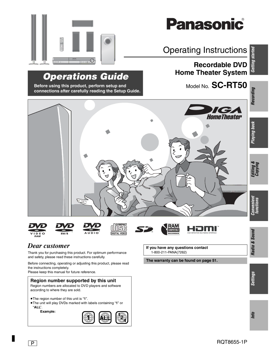 Panasonic warranty Model No. SC-RT50, RQT8655-1P, Info, If you have any questions contact, Warranty can be found on 