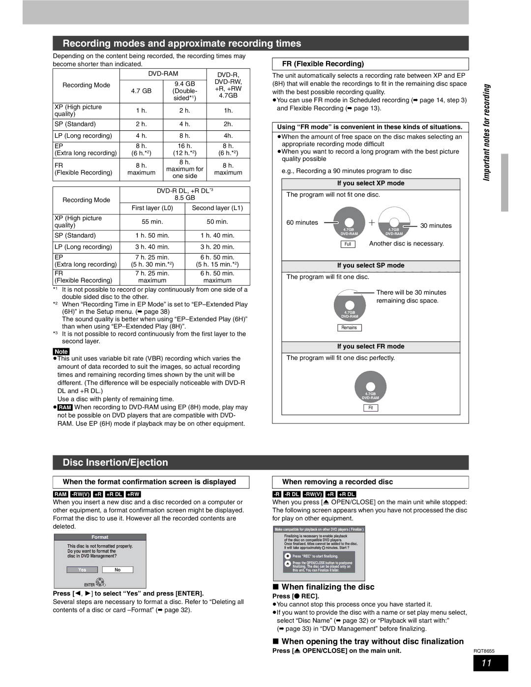 Panasonic SC-RT50 Recording modes and approximate recording times, Disc Insertion/Ejection, Important notes for recording 