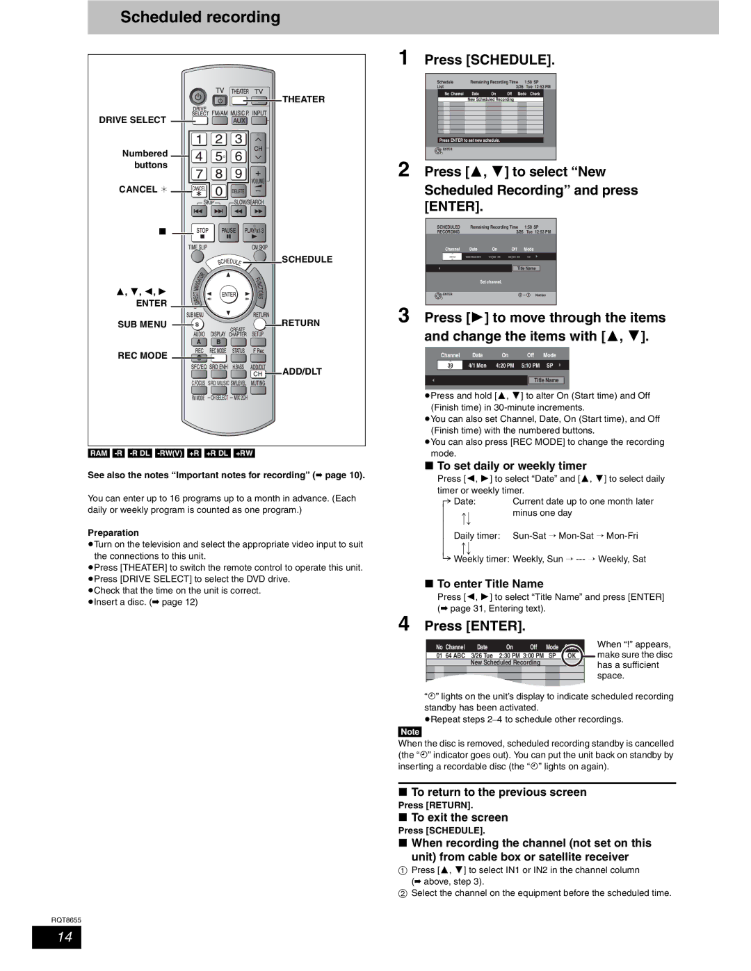 Panasonic SC-RT50 warranty Scheduled recording, Press Schedule, Press , to select New Scheduled Recording and press Enter 