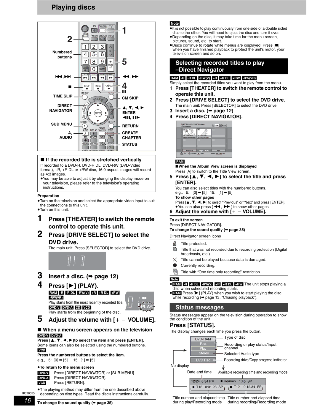 Panasonic SC-RT50 warranty Playing discs, Selecting recorded titles to play -Direct Navigator, Status messages 