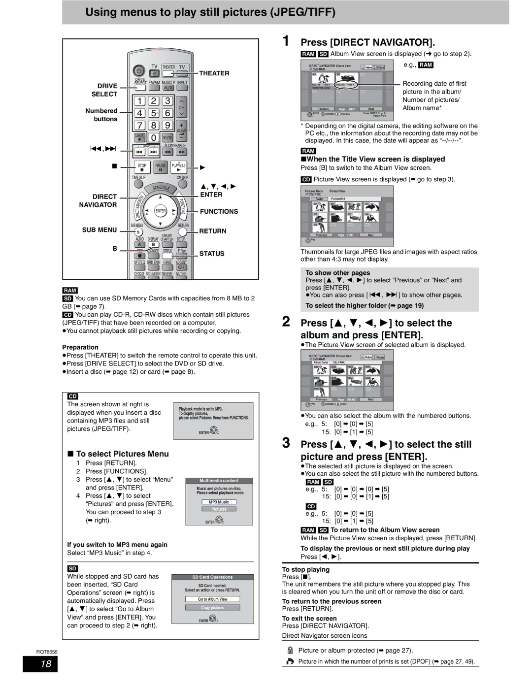 Panasonic SC-RT50 Using menus to play still pictures JPEG/TIFF, Press Direct Navigator, Press , , , to select the still 