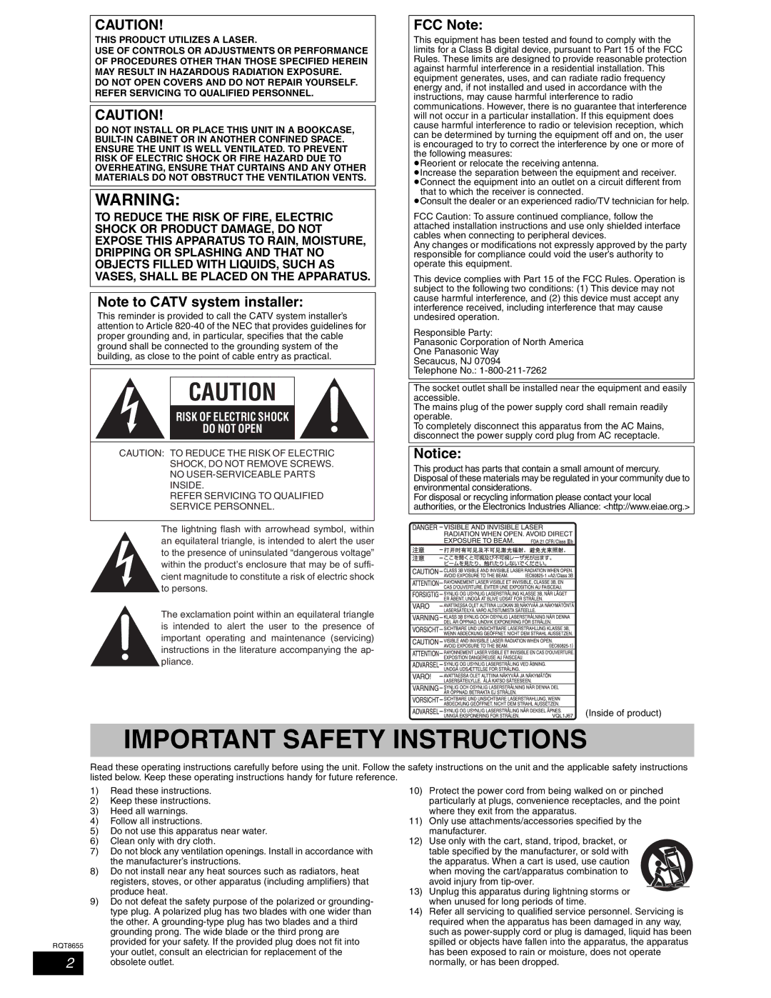 Panasonic SC-RT50 warranty FCC Note, PReorient or relocate the receiving antenna 