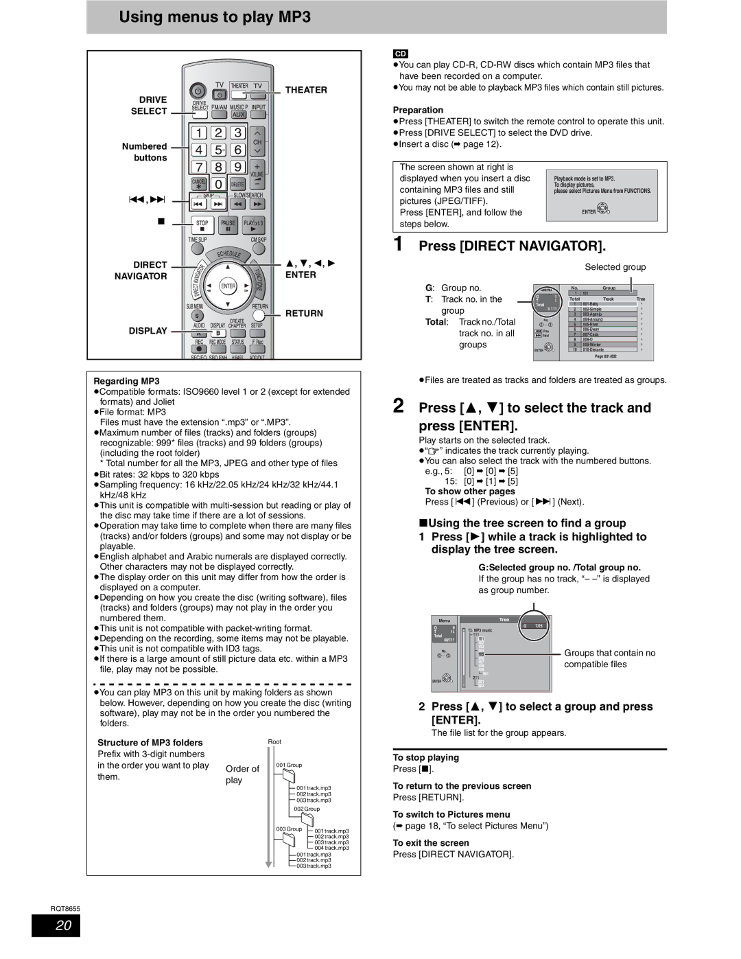 Panasonic SC-RT50 warranty Using menus to play MP3, Press , to select the track and press Enter, Display 