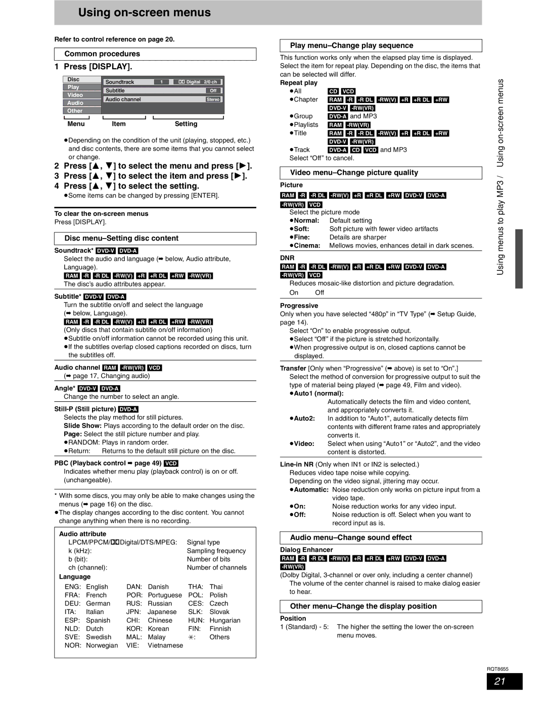 Panasonic SC-RT50 warranty Using on-screen menus, Press Display, Play, Menus 