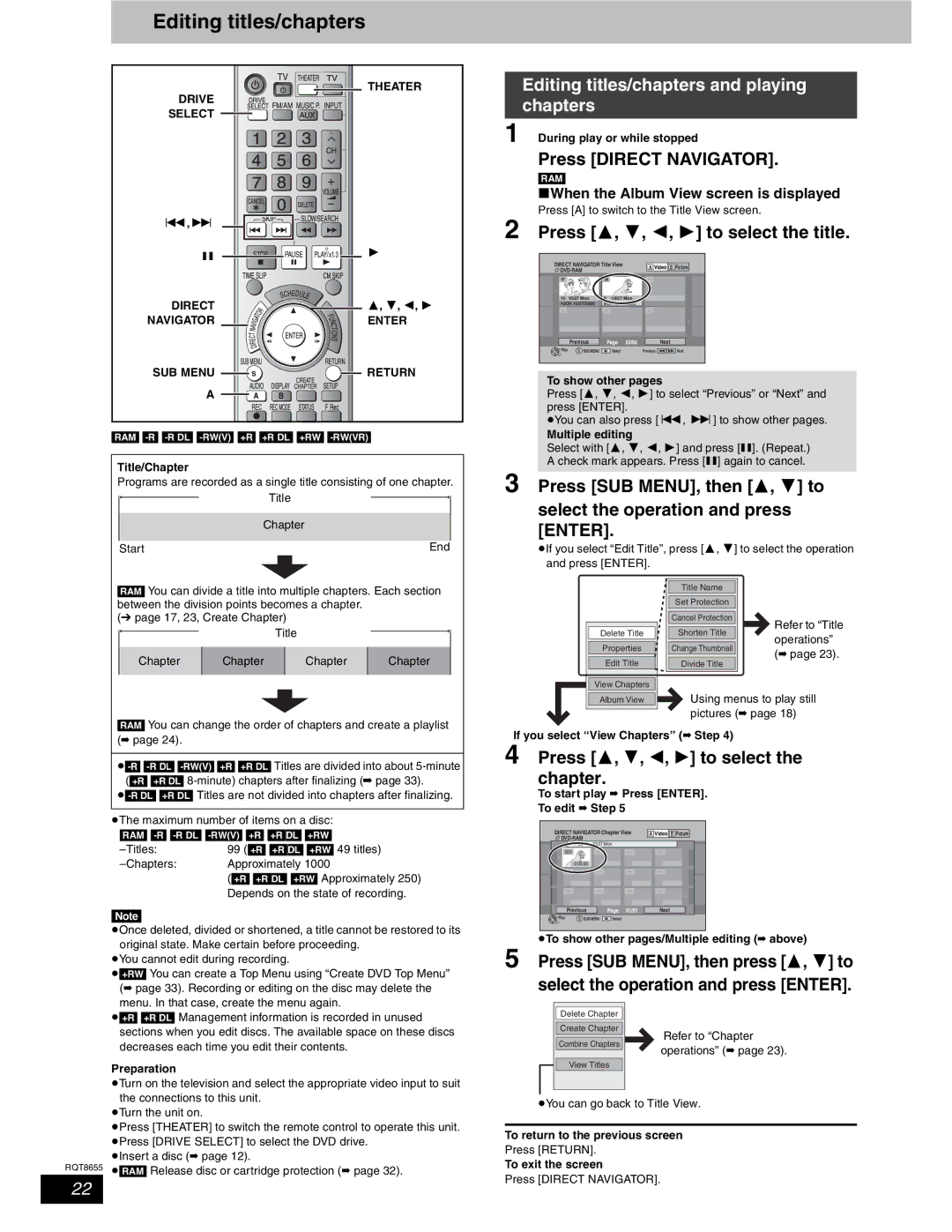 Panasonic SC-RT50 warranty Editing titles/chapters and playing chapters, Press , , , to select the title 